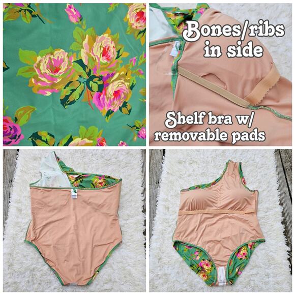 Plus Size JCrew One Shoulder Swimsuit Plus Size 22 Green Pink Floral Print NWT - Picture 7 of 10